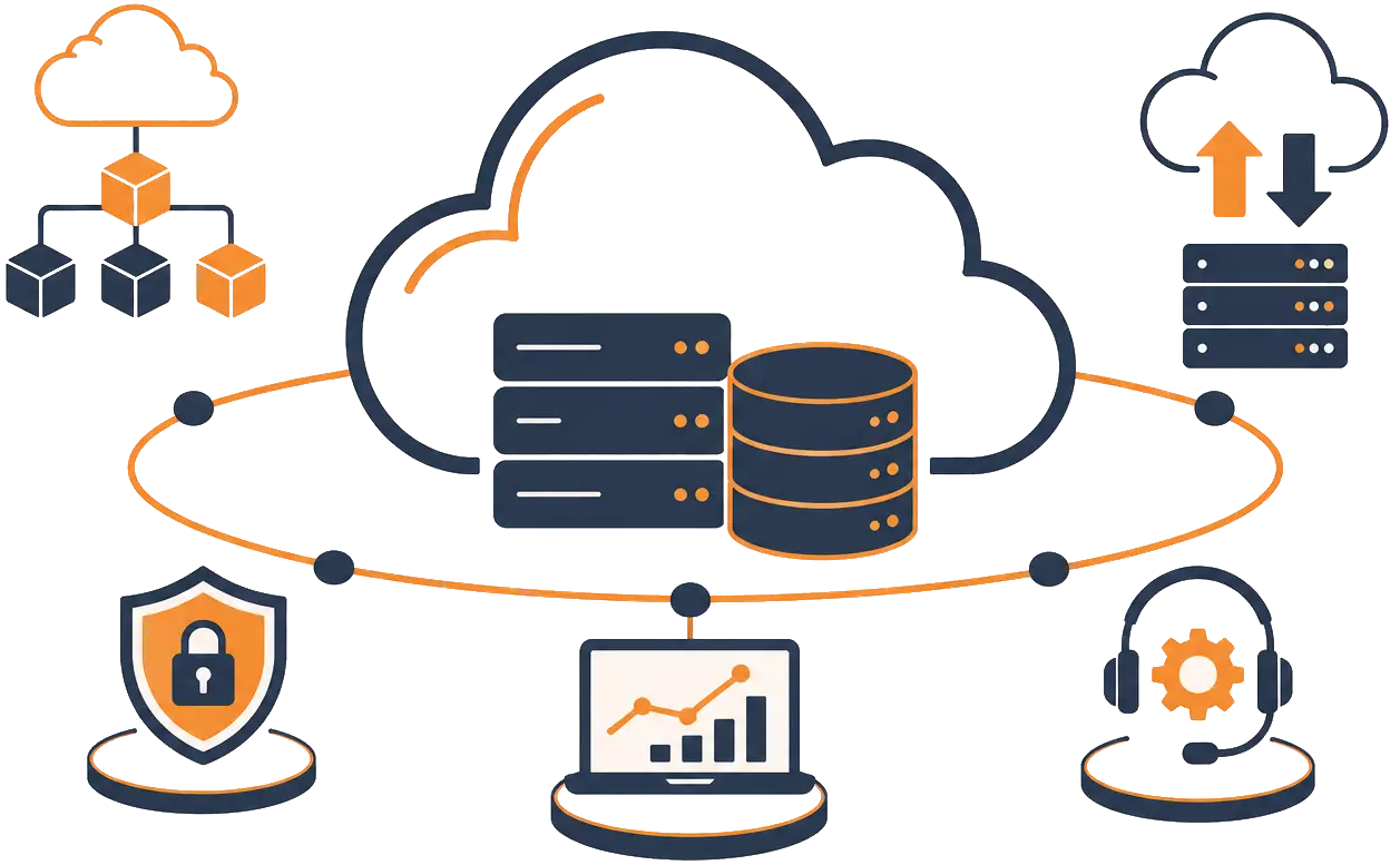 Oracle Cloud Infrastructure Services banner illustration showing OCI architecture migration and 24/7 managed operations