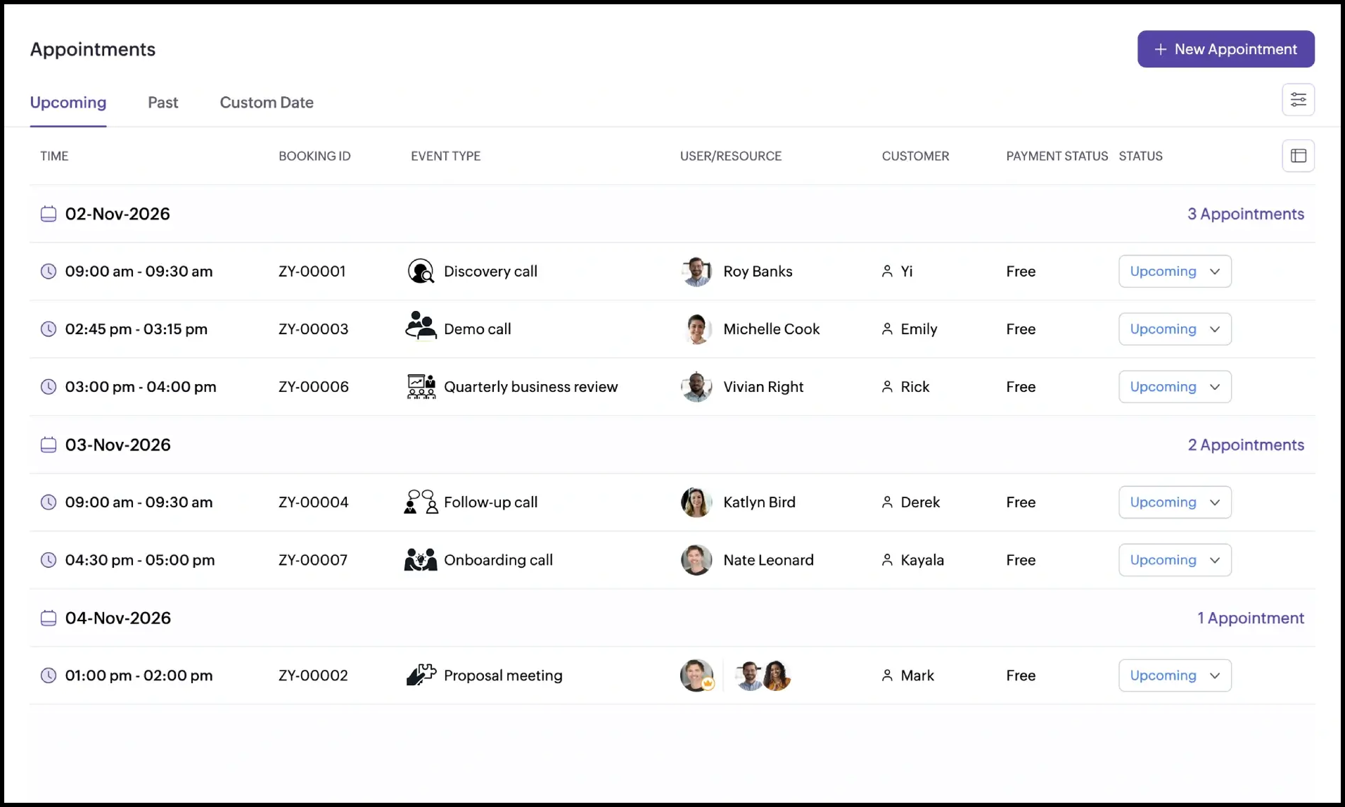 Zoho Bookings appointment scheduling dashboard interface