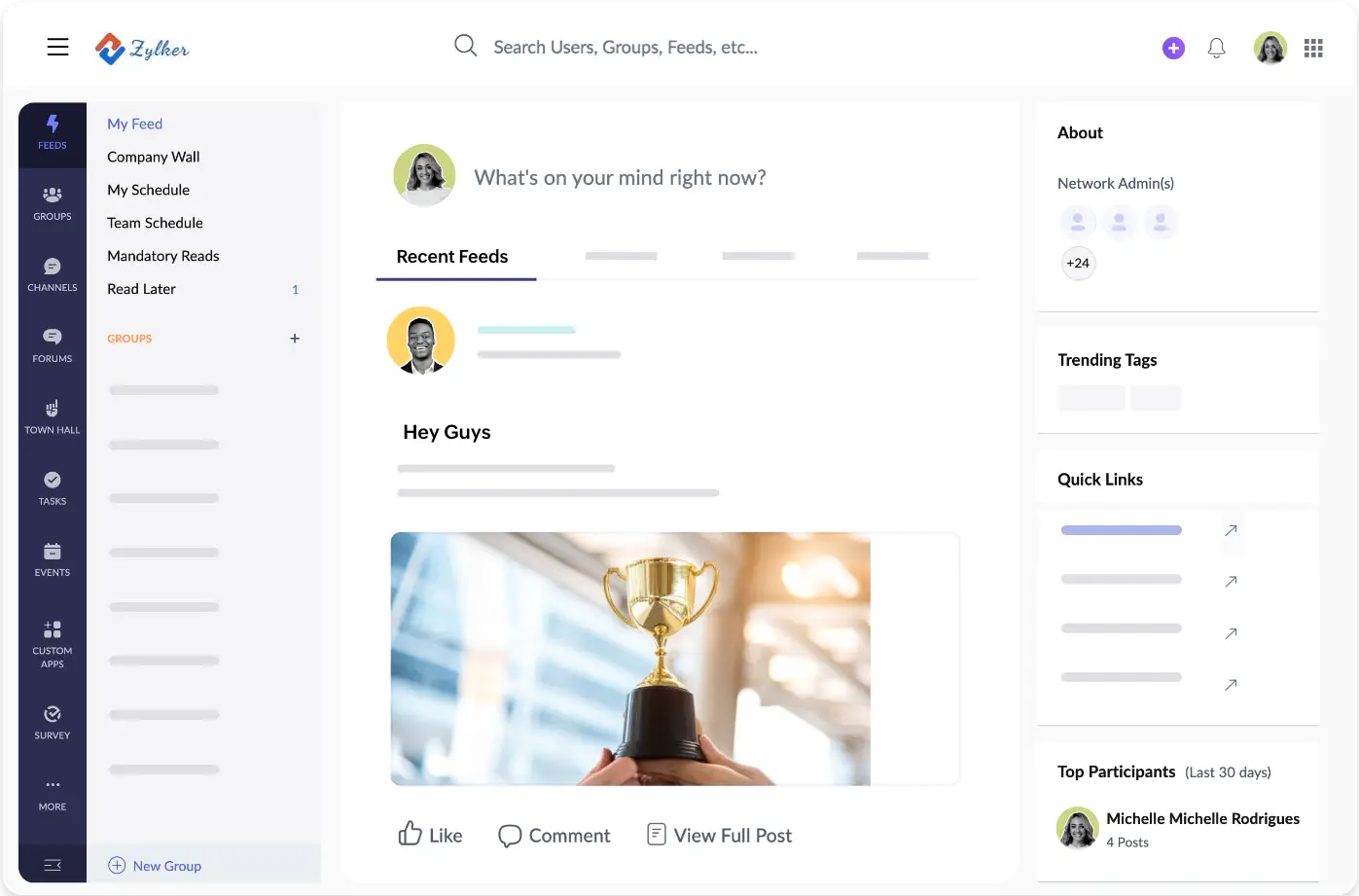 Zoho Connect digital workplace platform interface showing employee communication and collaboration features