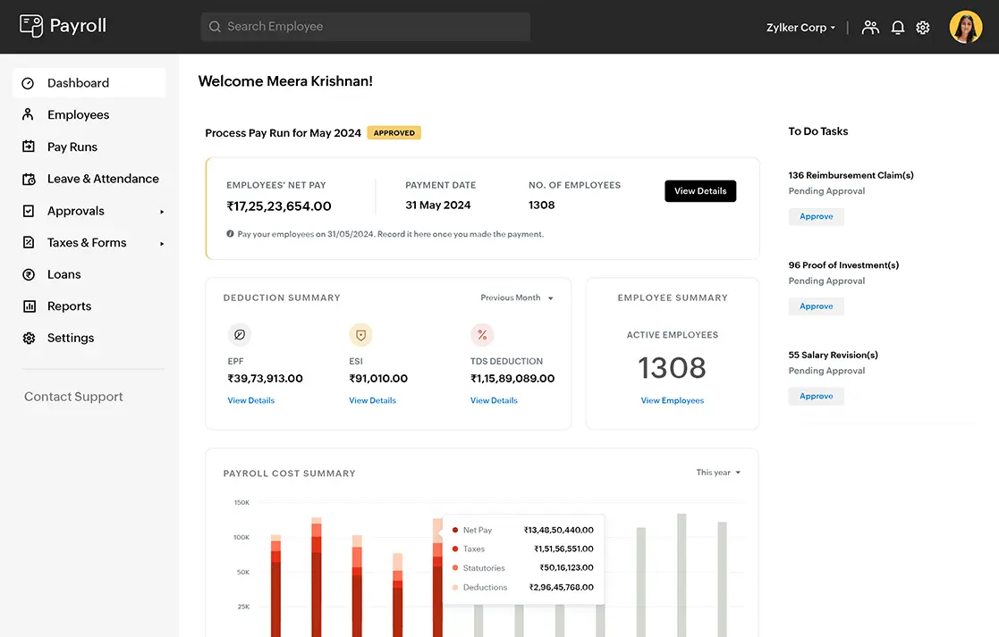 Zoho Payroll dashboard interface displaying payroll overview, pay runs, tax summary, and employee statistics