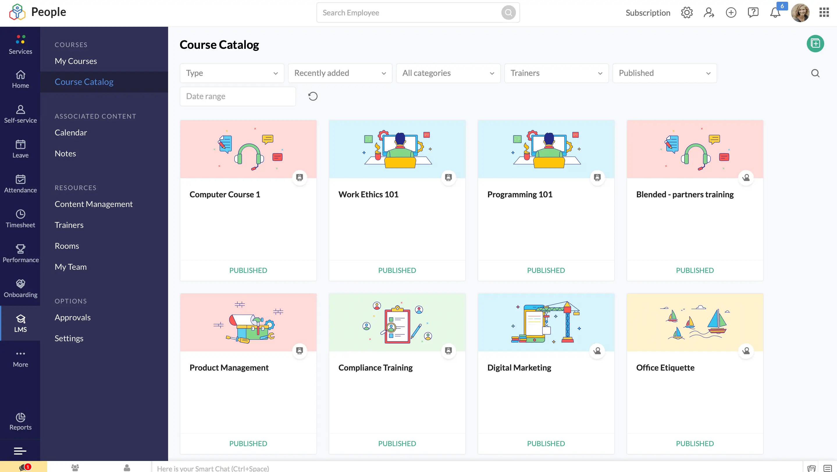 Zoho People HRMS interface showing employee self-service portal and mobile access